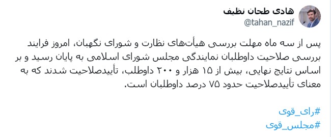 فرایند بررسی صلاحیت داوطلبان نمایندگی مجلس پس از ۳ ماه به پایان رسید/ ۷۵ درصد داوطلبان تایید صلاحیت شدند